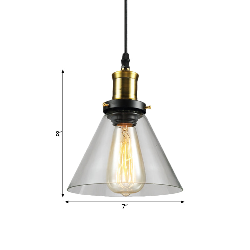 Vintage Brass Hanging Ceiling Light With Clear Glass Cone/Globe Pendant For Living Room
