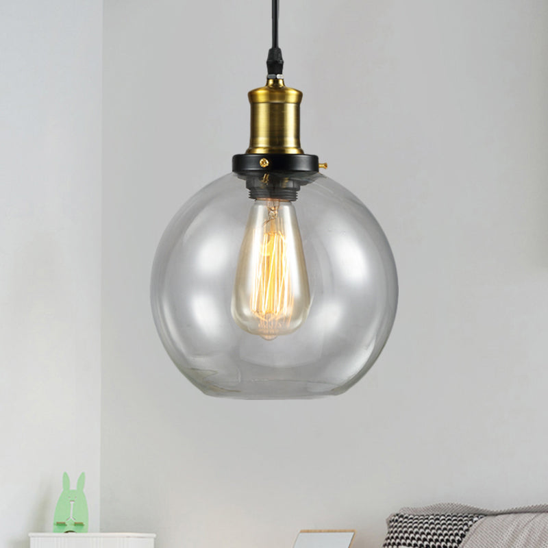 Vintage Brass Hanging Ceiling Light With Clear Glass Cone/Globe Pendant For Living Room