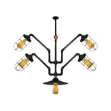 Industrial Style Chandelier With Wire Cage And Water Pipe - 5-Light Suspended Light For Dining Room