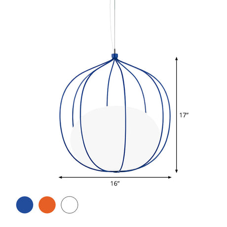 Modern Pendant Light With Milk Glass Shade And Melon Wire Frame - Ideal For Offices