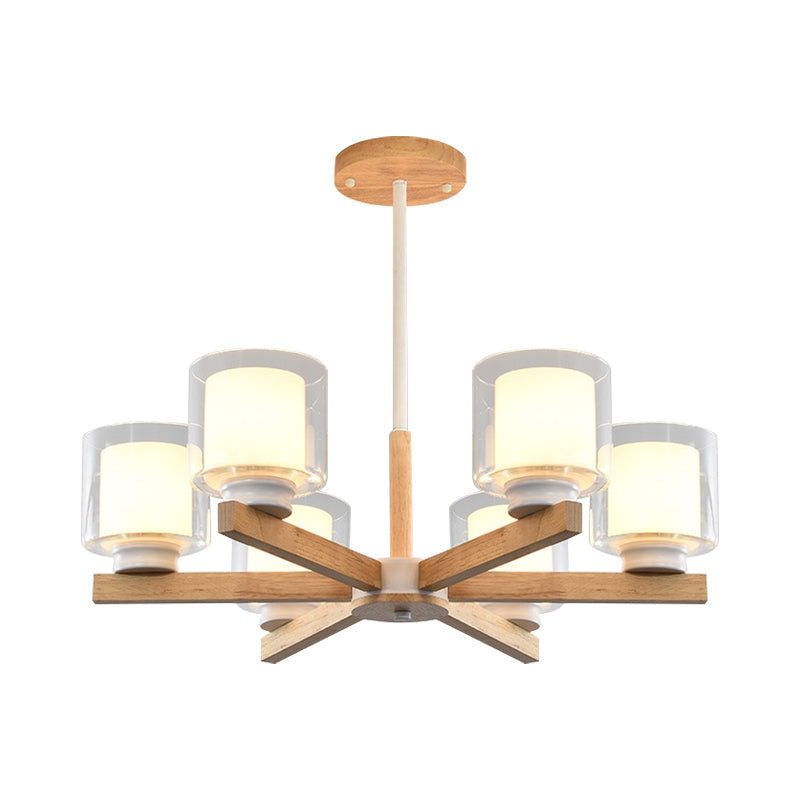 Wooden Double Glass Chandelier With Cylinder Shade - 3/6 Lights For Living Room Ceiling