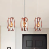 Iron Copper Hanging Lamp With Oval Cage Shade - Industrial Style Ceiling Fixture 3 Bulbs For Bedroom