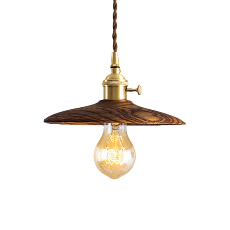 Contemporary Conical Hanging Lamp In Brown/Beige 1-Light Wood Suspension Light For Living Room