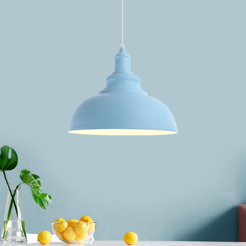 Macaron Style Pink/Yellow Bowl Ceiling Light: Metal Suspended Lamp For Bedroom - 1 Bulb Fixture Blue