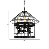Vintage Black Barrel/Birdcage Chandelier Pendant Light With Wire Guard - 3 Lights For Table