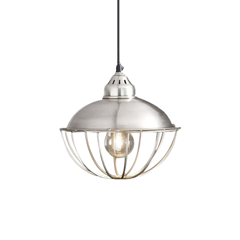 Vintage Style Cage Pendant Light With Silver Metal Bowl For Dining Room Ceiling