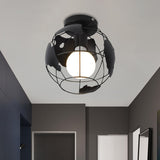 Industrial Style Metallic Flush Mount Light With Cage Shade - 1 Head Corridor Ceiling In Black/Red