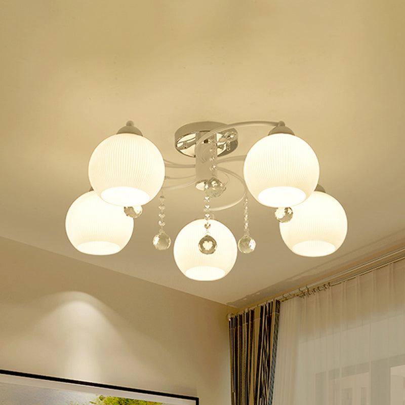 Traditional White Glass Ceiling Lamp With Crystal Draping - 3/5 Head Flush Mount 5 /