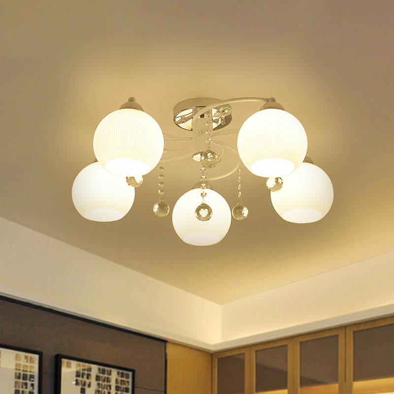 Traditional White Glass Ceiling Lamp With Crystal Draping - 3/5 Head Flush Mount