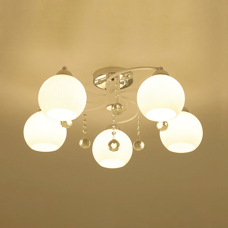 Traditional White Glass Ceiling Lamp With Crystal Draping - 3/5 Head Flush Mount