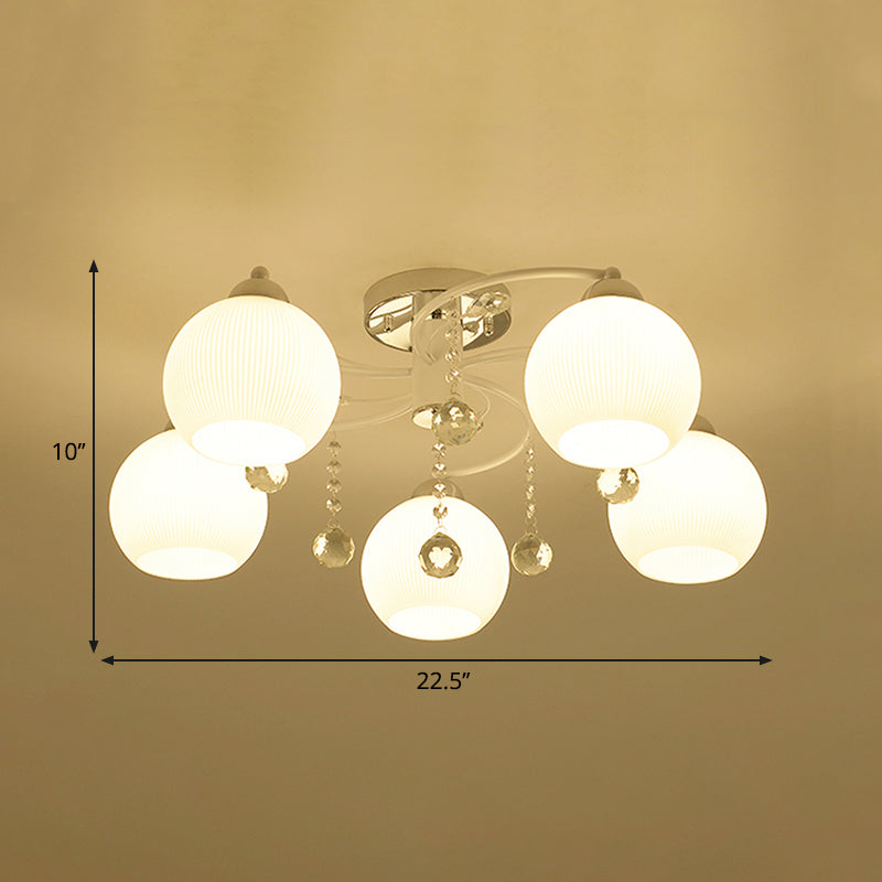 Traditional White Glass Ceiling Lamp With Crystal Draping - 3/5 Head Flush Mount