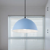 Industrial Metal Hanging Lamp With Ribbed Dome Shade - 1 Light Grey/Yellow 12/16 W