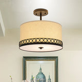 Traditional Fabric Drum Semi-Mount Ceiling Lamp - White 5 Lights For Living Room