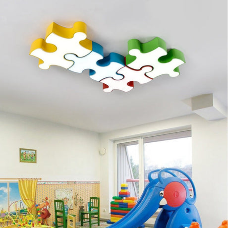 Kids Style Jigsaw Puzzles Ceiling Flush Light - Acrylic Led Flushmount In Red/Yellow & White
