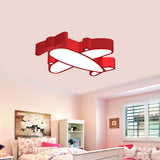 Led Cartoon Plane Flush Mount Ceiling Light With Acrylic Shade - Red Pink And Blue