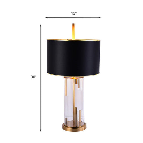 Traditional Drum Night Light: Black Fabric Table Lamp With Glass Base