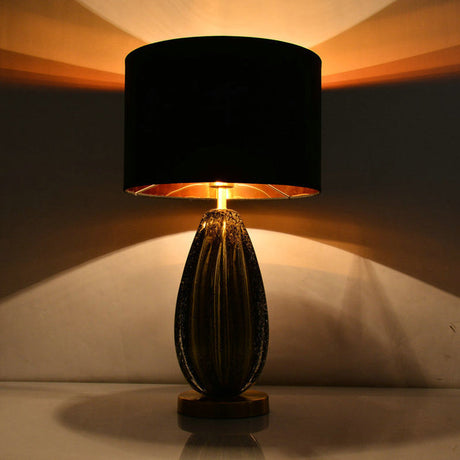 Vintage Hand-Worked Green Bubble Glass Table Lamp With Flaxen Fabric Shade Black