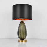 Vintage Hand-Worked Green Bubble Glass Table Lamp With Flaxen Fabric Shade