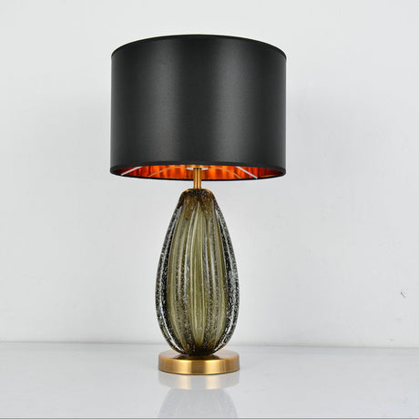 Vintage Hand-Worked Green Bubble Glass Table Lamp With Flaxen Fabric Shade