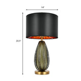 Vintage Hand-Worked Green Bubble Glass Table Lamp With Flaxen Fabric Shade