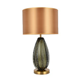 Vintage Hand-Worked Green Bubble Glass Table Lamp With Flaxen Fabric Shade
