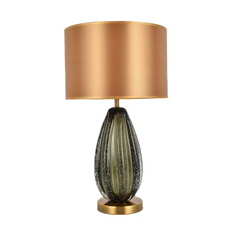 Vintage Hand-Worked Green Bubble Glass Table Lamp With Flaxen Fabric Shade