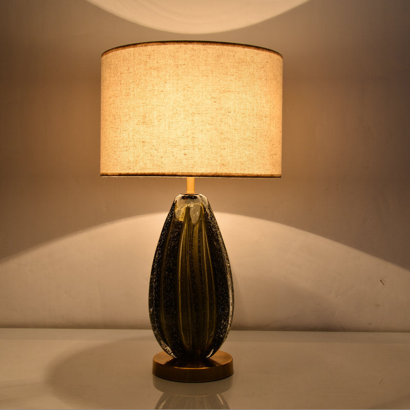 Vintage Hand-Worked Green Bubble Glass Table Lamp With Flaxen Fabric Shade