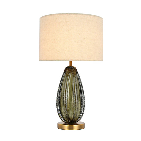 Vintage Hand-Worked Green Bubble Glass Table Lamp With Flaxen Fabric Shade