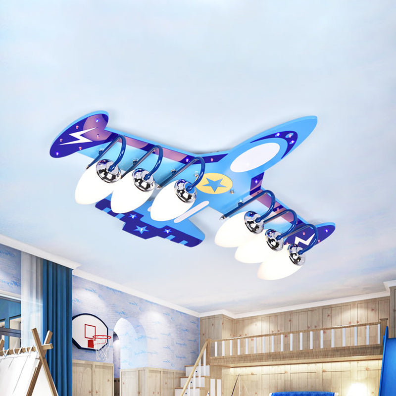 Blue Wood Jet Ceiling Light Fixture With 6 Cartoon Bulbs - Perfect For Childs Room