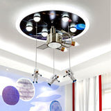 Kids Black Space Satellite Flushmount Lighting With Acrylic Shade - 9-Bulb Ceiling Flush Mount