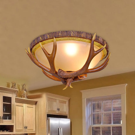 Farmhouse Brown Frosted Glass Ceiling Light With Antler Deco - 3-Light Dome Flush Mount Fixture