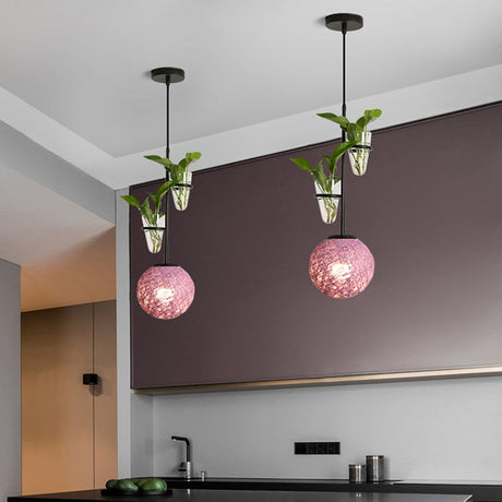 Macaron 1-Head Rattan Hanging Ceiling Light In Beige/Red/Pink With Plant Pot - Kitchen Pendant