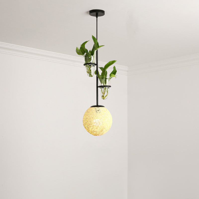 Macaron 1-Head Rattan Hanging Ceiling Light In Beige/Red/Pink With Plant Pot - Kitchen Pendant