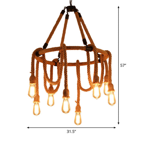 Brown Circle Ceiling Suspension Lamp - Lodge Roped 6/8-Light Chandelier With Naked Bulb Design For