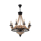 Cottage Brown Jute Rope Wrapped 8-Light Candelabra Chandelier