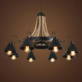 Vintage Rope Pendant Light With Metal Cone Shade - Wheel Restaurant Chandelier Loft Style Brown 6/8