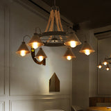 Vintage Rope Pendant Light With Metal Cone Shade - Wheel Restaurant Chandelier Loft Style Brown 6/8
