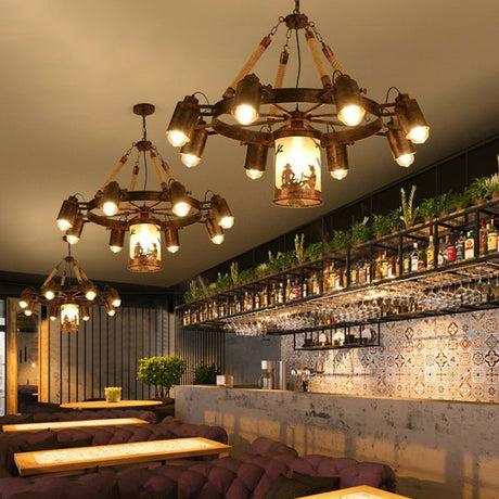 Industrial Adjustable Chandelier Pendant With 8 Lights Black/Rust Wheel Design Restaurant Ceiling