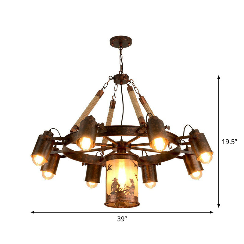 Industrial Adjustable Chandelier Pendant With 8 Lights Black/Rust Wheel Design Restaurant Ceiling