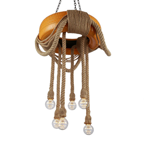 6-Head Tire Hanging Lamp Kit With Hemp Rope For Dining Room Chandelier Yellow