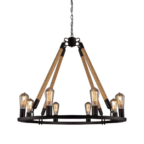 Industrial Hemp Rope Wagon Wheel Chandelier Pendant - Black 6/8 Lights For Living Room Ceiling Hang