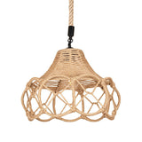Hand-Knit Floral Pendant Light Fixture With Lodge Brown Hemp Rope