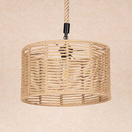 Rustic Natural Rope Pendant Lighting - 1 Bulb Brown Ceiling Lamp For Restaurants