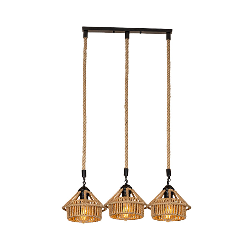 Handcrafted Cottage Brown Rope Pendant Light Fixture - 3/6-Light Mini House Multi Round/Linear