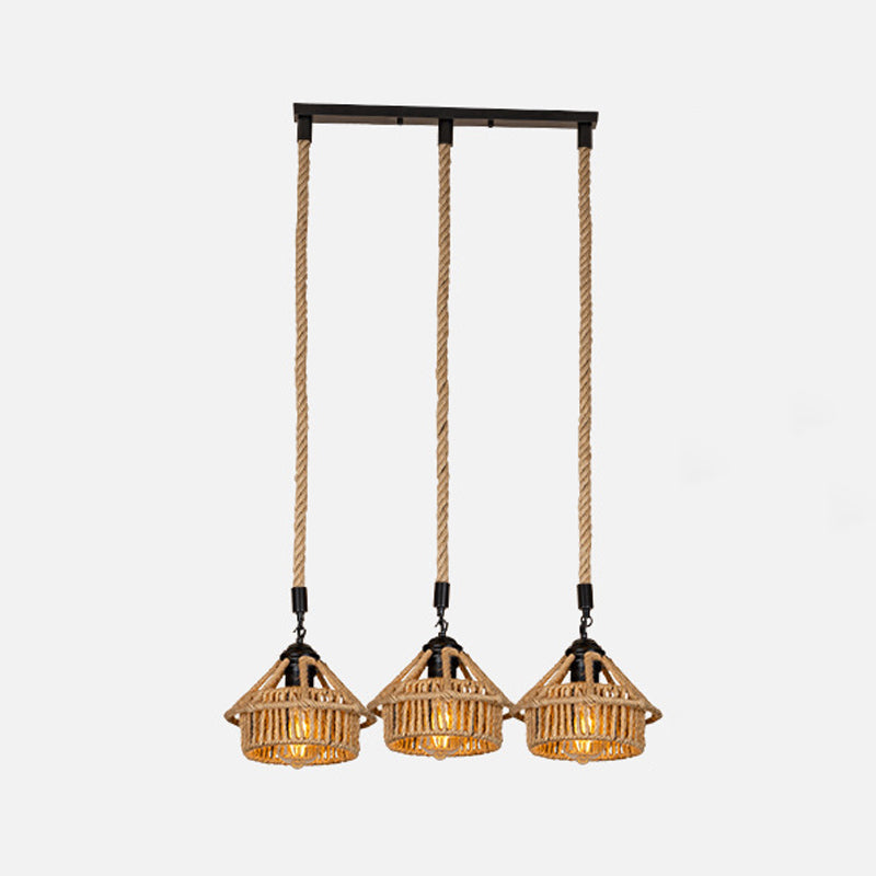 Handcrafted Cottage Brown Rope Pendant Light Fixture - 3/6-Light Mini House Multi Round/Linear