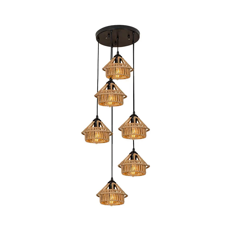 Handcrafted Cottage Brown Rope Pendant Light Fixture - 3/6-Light Mini House Multi Round/Linear