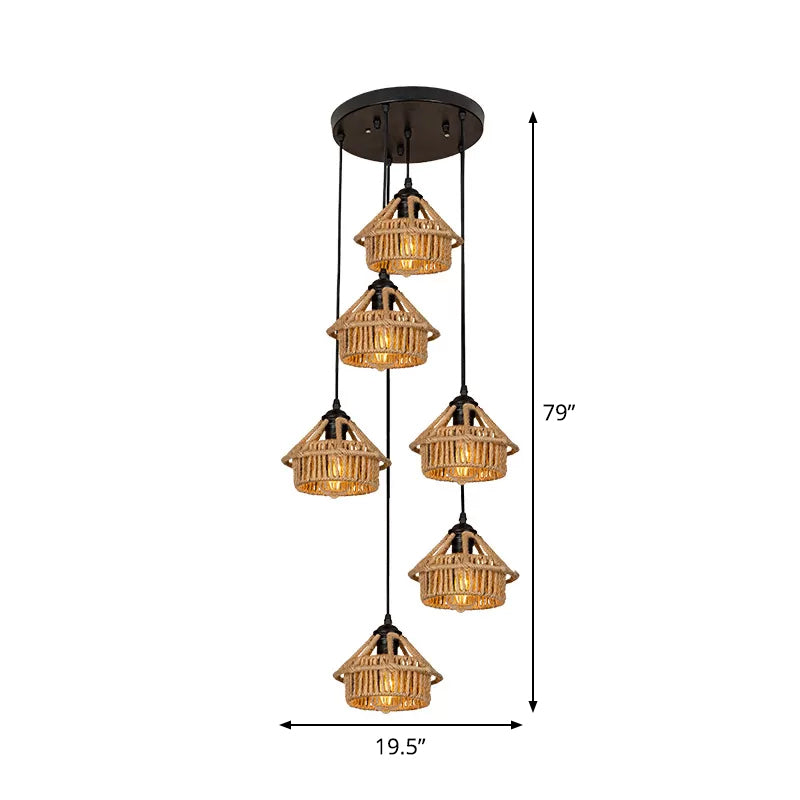Handcrafted Cottage Brown Rope Pendant Light Fixture - 3/6-Light Mini House Multi Round/Linear