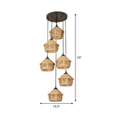 Rustic Brown Barn Pendant Lamp With Rope Cluster - 3/6 Lights Round/Linear Canopy For Dining Room