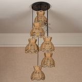 Hemp Farmhouse Bistro Pendant Lamp With Scalloped Trim - Round/Linear Cluster Bowl 3/6-Head Brown