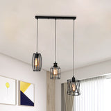 Farmhouse Style Metal 3-Bulb Black Restaurant Hanging Lamp With Wire Guard Suspended Design